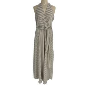 Chetta B Women Size 4 Dress V-wrap Neck Halter Max Striped White/tan Sleeveless